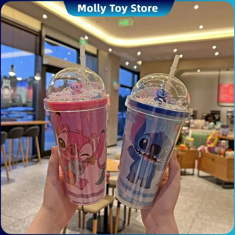 450ML Disney Lilo & Stitch Angel Couple Cartoon Double Layer Plastic Water Cup Drink Straw Mugs Portable Gift for Boy Girl Gift