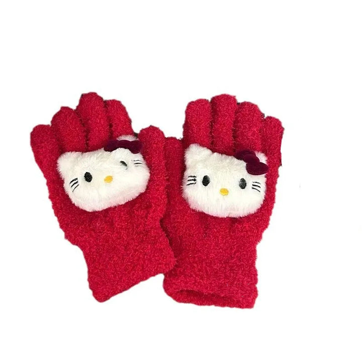 Kawaii Sanrio Hello Kitty Christmas Coral Velvet Plush Red Gloves for Girls Friends Warm and Creative Birthday Gift Peripheral