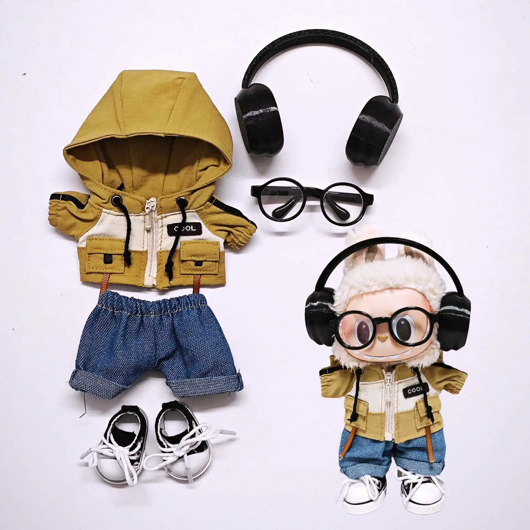 Clothes for 1st/2nd/3rd Gen Labubu Outfits Army Green Hoodie Set with Colorful Headphones Canvas Shoes & Glasses Doll Clothes