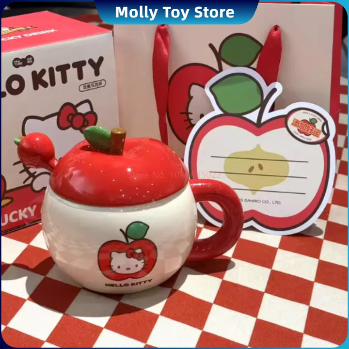 Hellokitty Character Peripheral Apple Ceramic Mugs Large Capacity With Lid And Spoon Cute Mug Cup Anime Themed Milk Water Cups