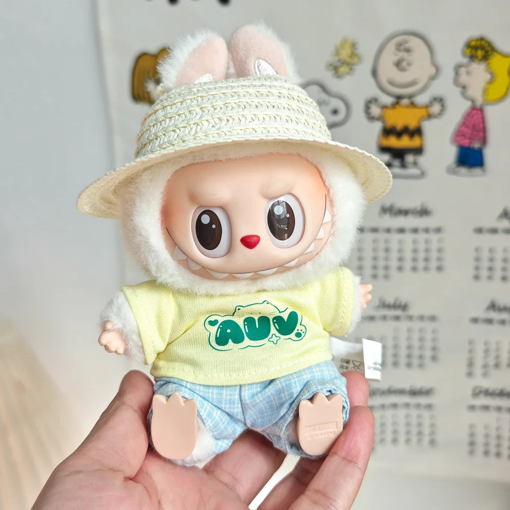 15cm/17cm Labubu Doll Clothing Sitting Party First And Second Generation Summer Straw Hat Short Sleeve Pants Set Accessories