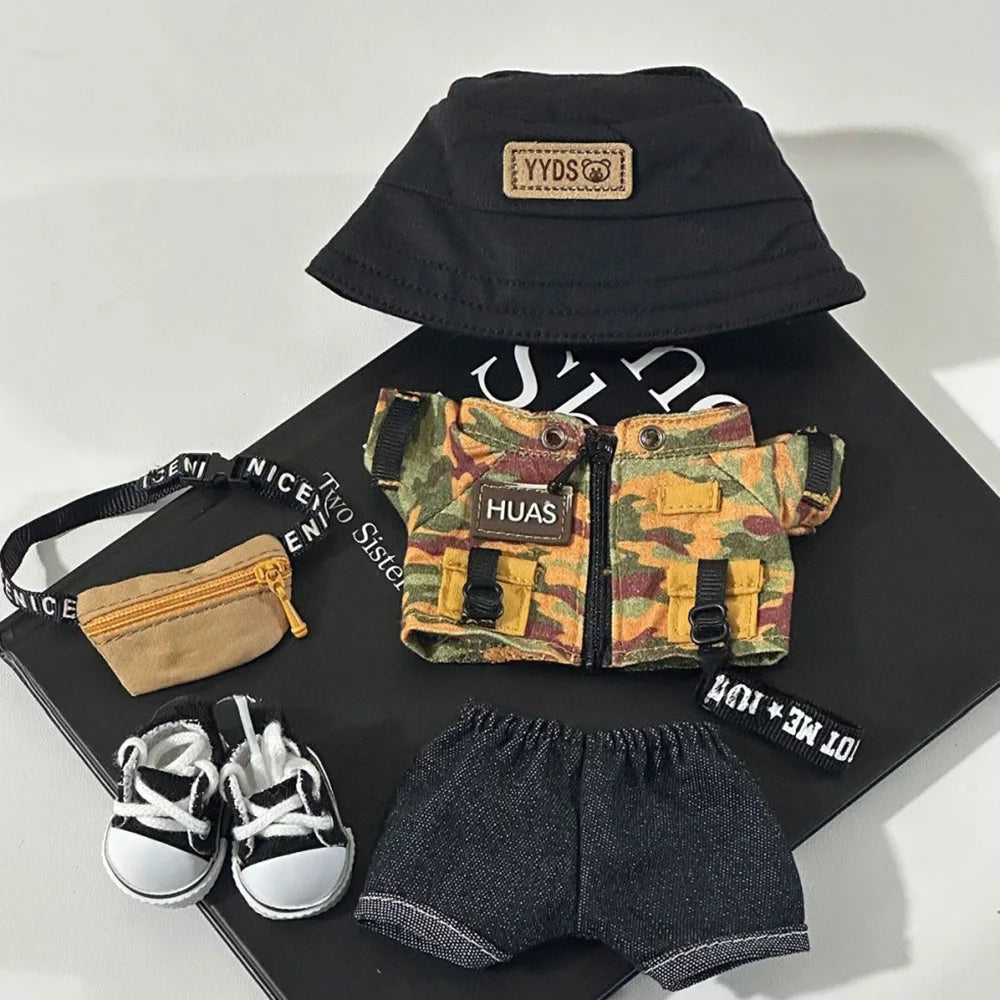 15/17cm Labubu Clothes Trendy Fisherman Hat Camouflage Suit Kawaii Mini V1 V2 V3 Labubu Clothing Plush Doll Accessories Gift