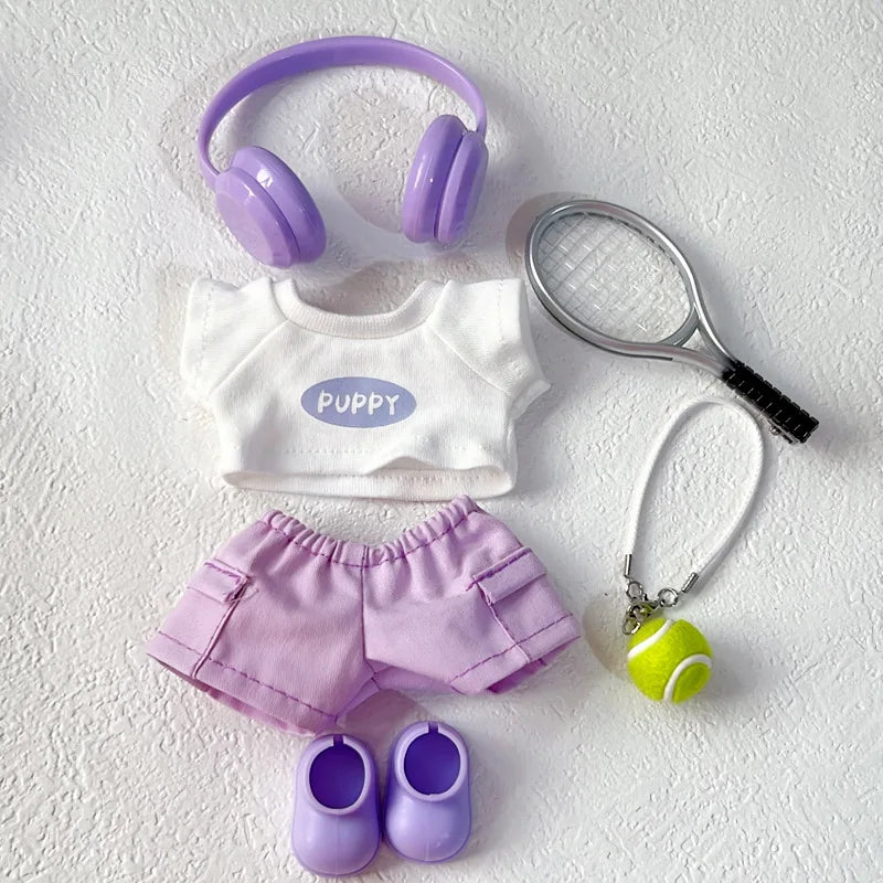 Labubu 1-3 Gen Outfits Purple/Pink T-Shirt Cargo Pants Set Tennis Bag Racket Purple Shoes/Headphones Labubu Doll Accessories
