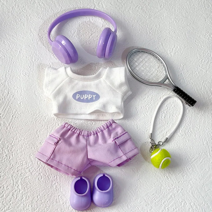 Labubu 1-3 Gen Outfits Purple/Pink T-Shirt Cargo Pants Set Tennis Bag Racket Purple Shoes/Headphones Labubu Doll Accessories