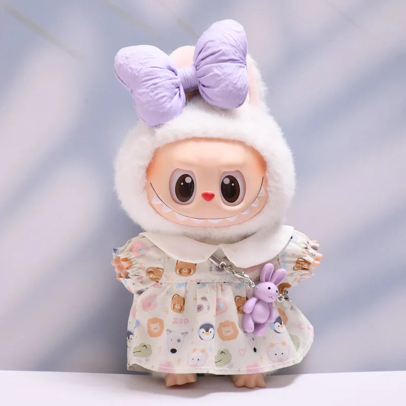 Labubu Doll Clothes Bow-Adorned Animal Print Dress Set with Rabbit Charm 17cm Plush Doll'S Clothes Labubu I II III Accessories