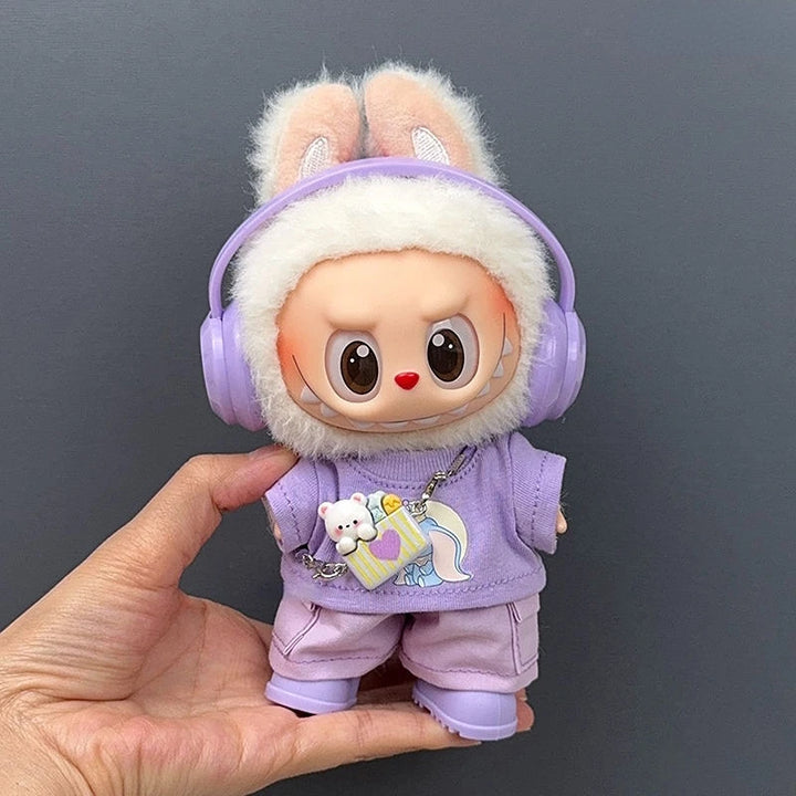 Clothes for 17cm Labubu Doll Outfits 1st/2nd/3rd Gen Fit Purple T-Shirt Cargo Pants Set with Headphones & Shoes Doll Costume