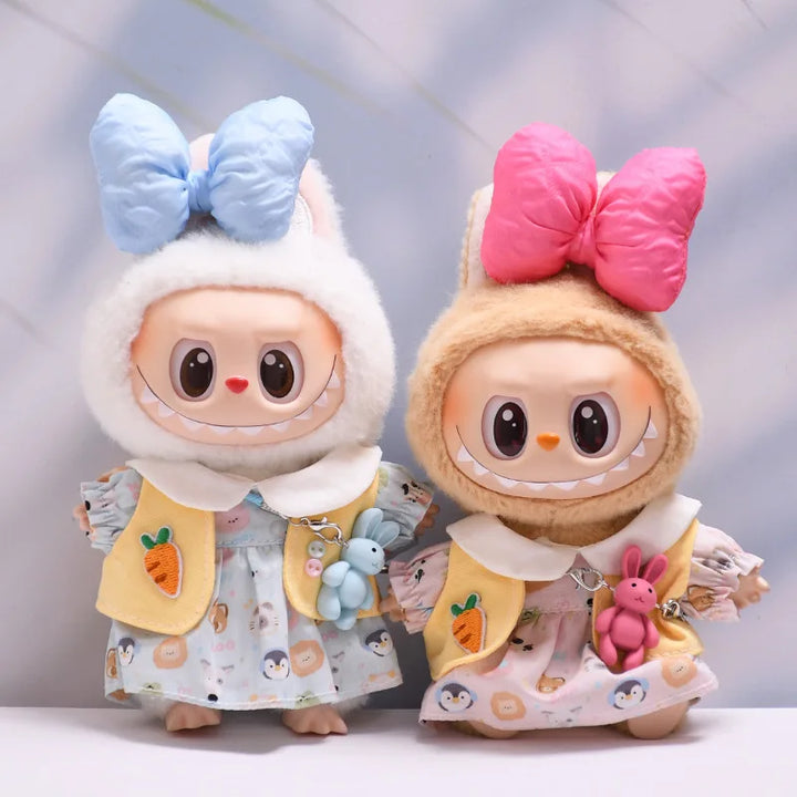 Labubu Doll Clothes Bow-Adorned Animal Print Dress Set with Rabbit Charm 17cm Plush Doll'S Clothes Labubu I II III Accessories