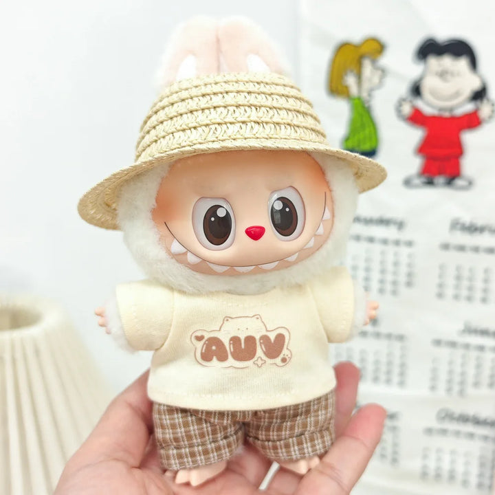 15cm/17cm Labubu Doll Clothing Sitting Party First And Second Generation Summer Straw Hat Short Sleeve Pants Set Accessories