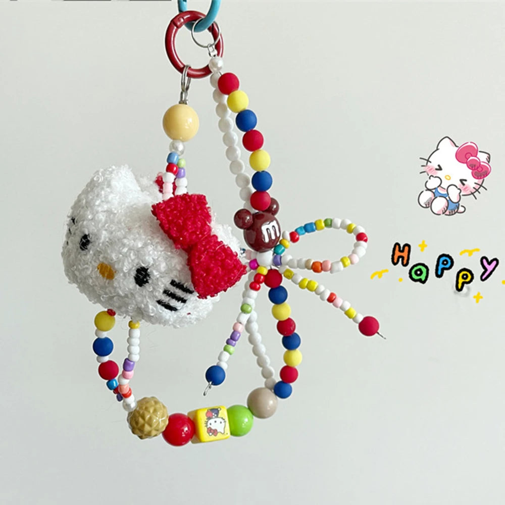 Sanrio Cute Hello Kitty Colorful Beaded Keychain Cartoon Plush Hanging Chain Phone Strap Wrist Strap Backpack Pendant Girl Gifts