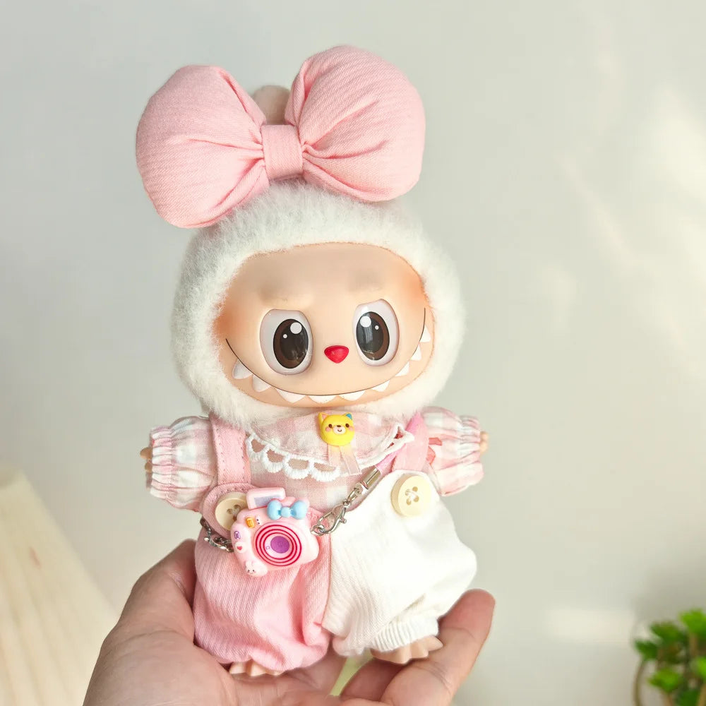 15cm/17cm Cute Mini Plush Doll Costume Dress Up Cute Sweetheart Strap Pants Accessories Straw Hat Camera Sitting Party DIY Gift