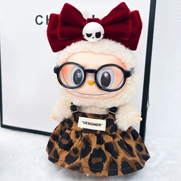 Doll Clothes Only 17cm/15cm Sitting Party Series 1-3 Labubu Leopard Print Dress with Velvet Skull Bow Hair Hoop Accessory Toy