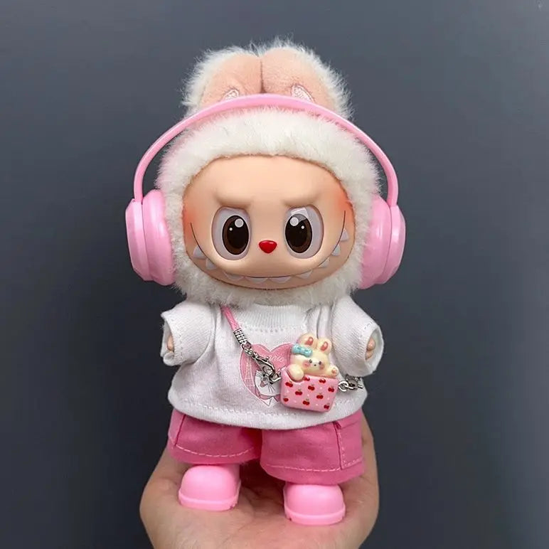 17cm Labubu 1-3 Gen Doll Outfits Cute White T-Shirt + Pink Cargo Pants + Headphones & Shoes Set Labubu Sitting Party Clothes
