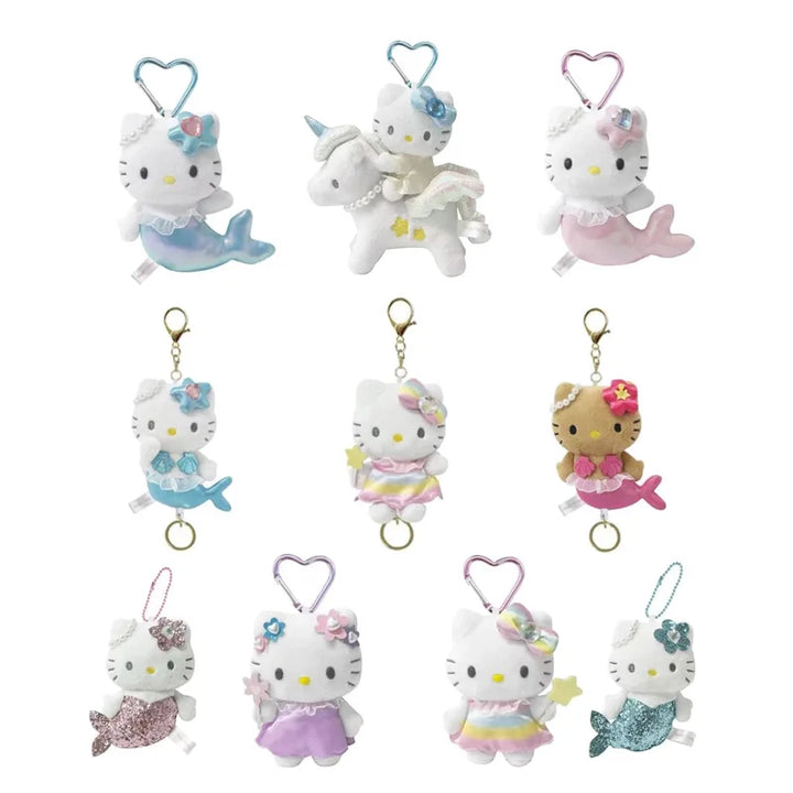 Kawaii Sanrio Hello Kitty Unicorn Black Skin Mermaid Telescopic Plush Keychain Backpack Pendant Decoration Girl Birthday Gift