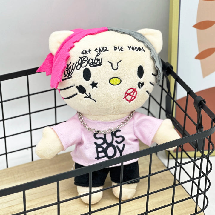 24cm LIL PEEP Hello Kitty Plush Anime Doll with Pink Clothes Necklace Stuffed Soft Plush Toys Cute Boys Girls Birthday Gift