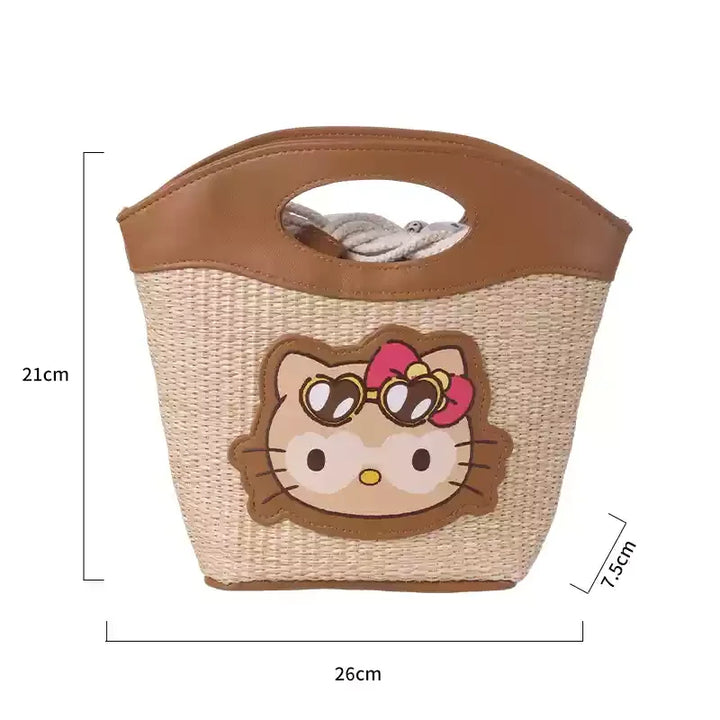 Genuine Hello Kitty Retro Series Woven Handbag Cosmetic Bag Storage Bag Cartoon Cute Large Capacity Messenger Bag Girls Gifts