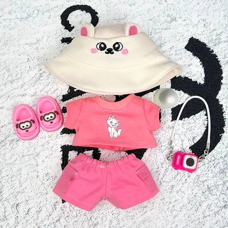 Labubu 1-3 Gen 17cm Plush Doll Outfits | Cute Pink T-Shirt + Pants Set with Hat | Soft Toy Clothes for Labubu Accessories
