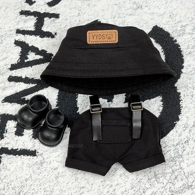 Labubu 1-3 Gen "High Energy Ahead" Outfit Set Open Black Hat + Leather Strap Overalls + Shoes Labubu 3.0 Doll Dress-Up Clothes