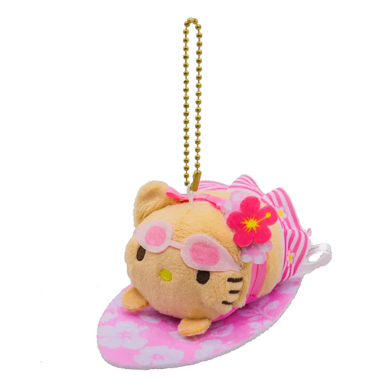 NEW Sanrio Hawaiian Surfboard Swimming Series Hello Kitty Plush Doll  Keychain Black skin Cartoon Toy Pendant Cute Birthday Gift