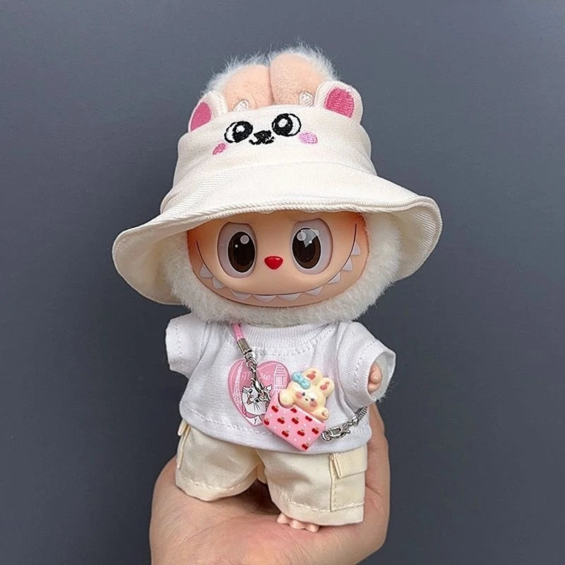 17cm Labubu 1-3 Gen Doll Outfits Cute White T-Shirt + Cargo Pants Set with Colorful Hat Universal Clothes for Labubu Dolls