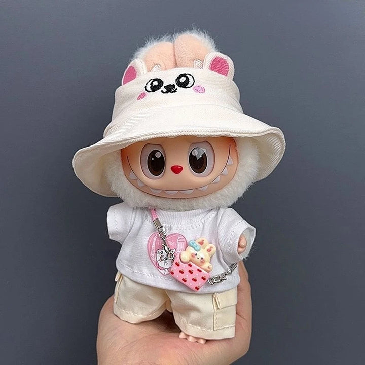 17cm Labubu 1-3 Gen Doll Outfits Cute White T-Shirt + Cargo Pants Set with Colorful Hat Universal Clothes for Labubu Dolls