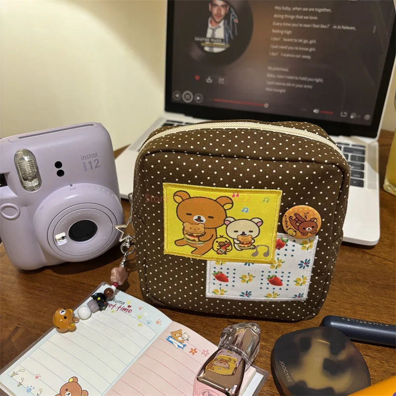 Kawaii Cute Bear Rilakkumas Cosmetic Bag Cartoon Cute Large-Capacity Portable Polaroid Storage Bag  Travel Bag Storage Artifact