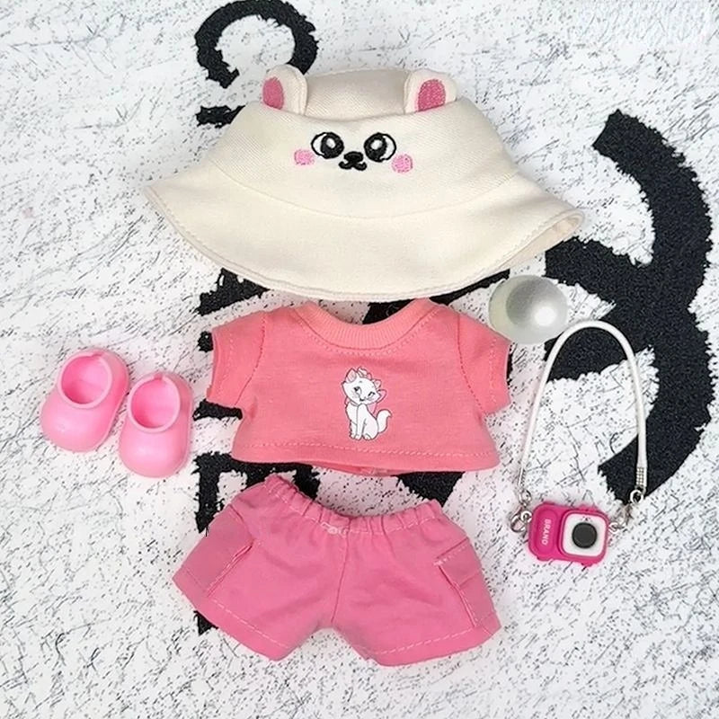Labubu 1-3 Gen 17cm Plush Doll Outfits | Cute Pink T-Shirt + Pants Set with Hat | Soft Toy Clothes for Labubu Accessories
