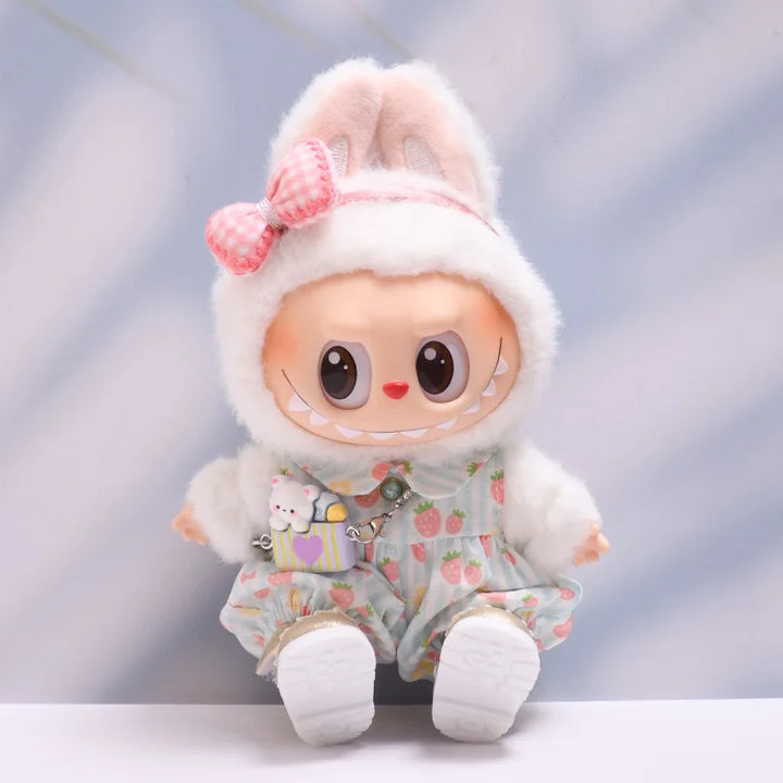 Strawberry Print Overall Set with Mini Rabbit Bag 15/17cm Plush Doll'S Clothes Labubu I II III Idol Dolls Accessories Kids Gift