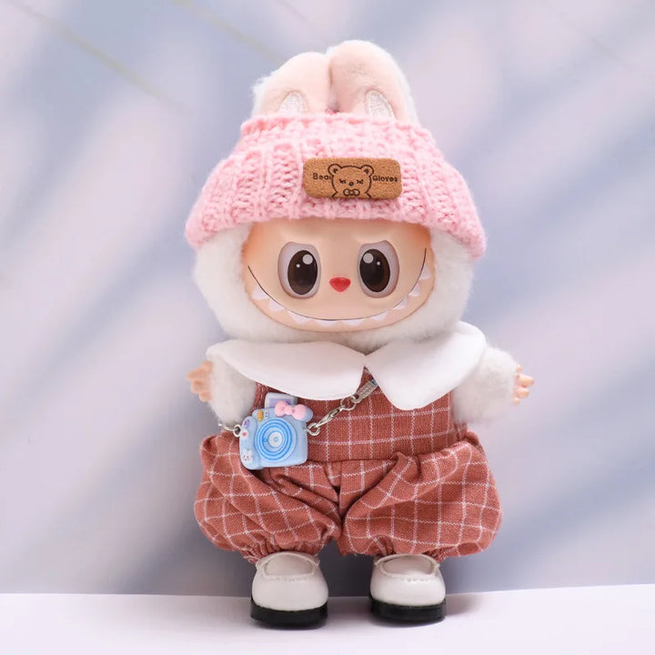 Labubu doll clothes Checkered Overalls 15/17cm Plush Doll'S Clothes Replacement Labubu I II Idol Dolls Sitting Party Accessories
