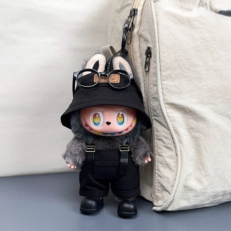 Labubu 1-3 Gen "High Energy Ahead" Outfit Set Open Black Hat + Leather Strap Overalls + Shoes Labubu 3.0 Doll Dress-Up Clothes