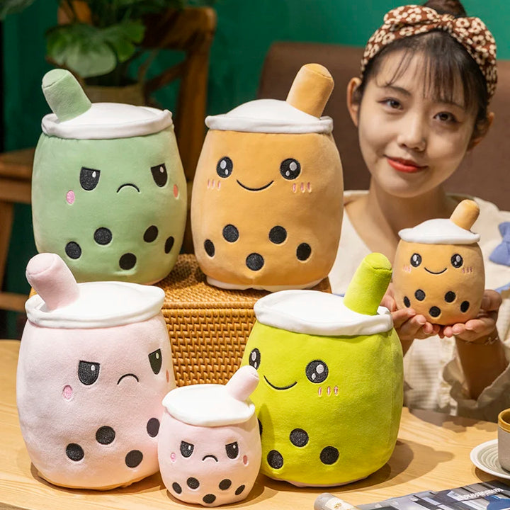 Kawaii Reversible Boba Plush Toys Two Face Double-Sided Bubble Milk Tea Soft Doll Birthday Christmas Gifts for Kids