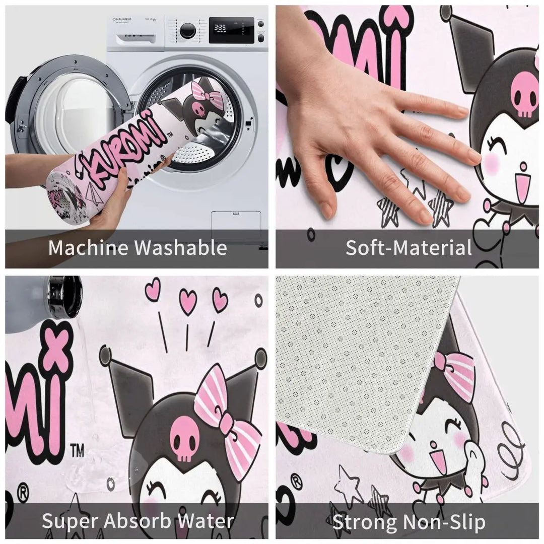 Kawaii Happy Kuromi Cartoon Bathroom Rugs Mat Extra Soft and Absorbent Bath Rugs Mats Carpet Non-Slip for Kitchen Shower