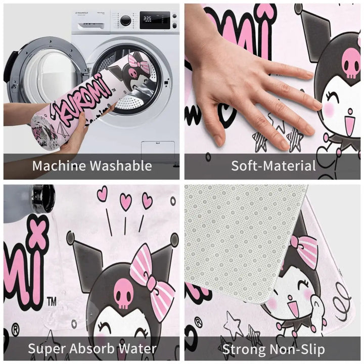 Kawaii Happy Kuromi Cartoon Bathroom Rugs Mat Extra Soft and Absorbent Bath Rugs Mats Carpet Non-Slip for Kitchen Shower
