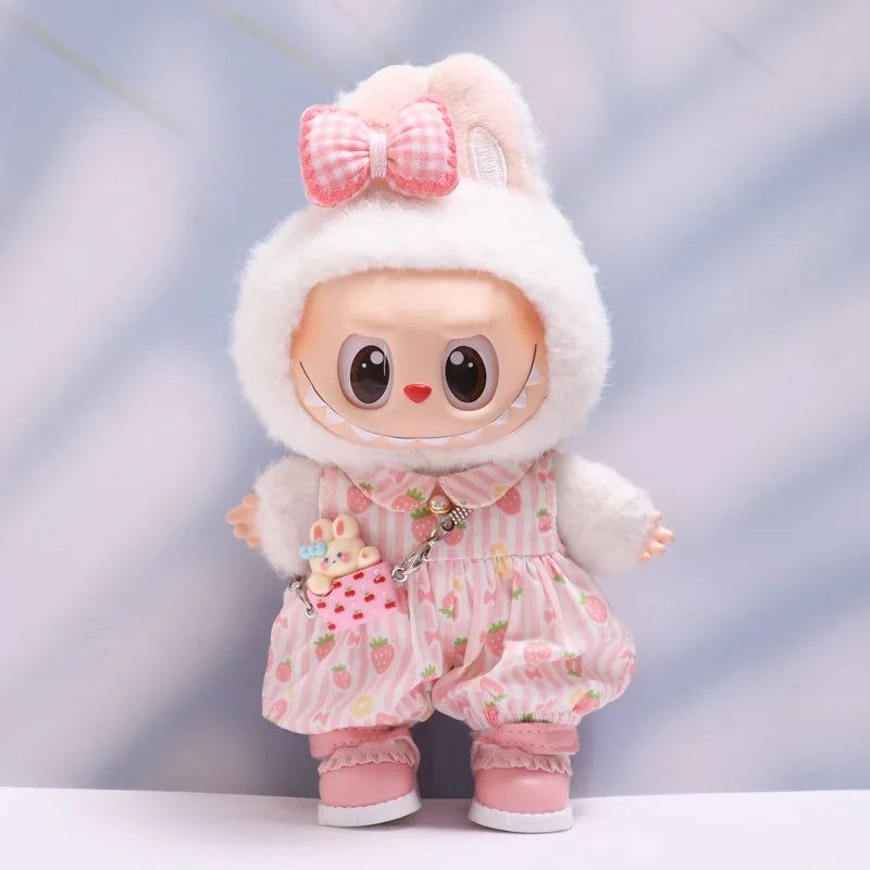 Strawberry Print Overall Set with Mini Rabbit Bag 15/17cm Plush Doll'S Clothes Labubu I II III Idol Dolls Accessories Kids Gift