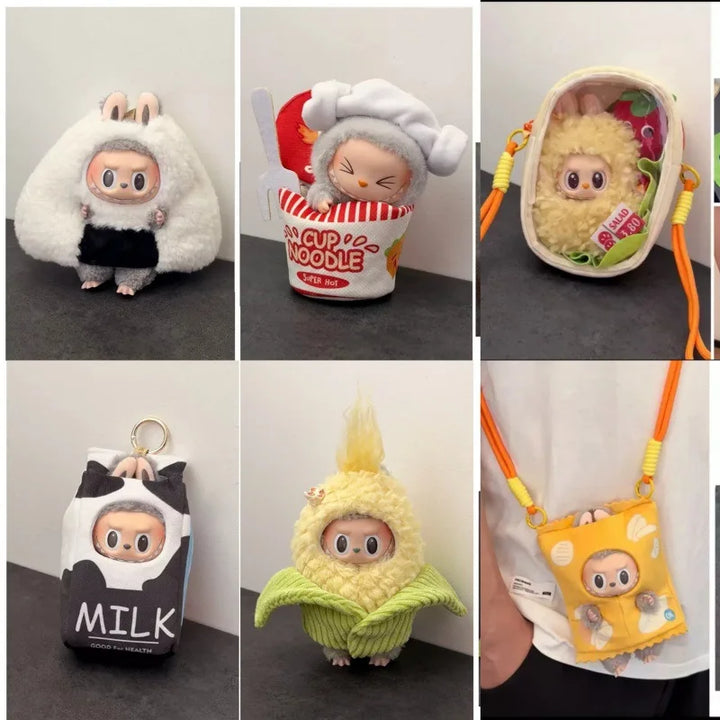 for Labubu 1-3 Gen 17cm Doll Outfits Milk Carton Onigiri Corn Chips & Ramen Bucket Set Bento Bag and Animal-Shaped Clothes