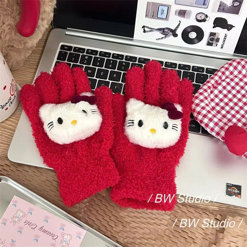 Kawaii Sanrio Hello Kitty Christmas Coral Velvet Plush Red Gloves for Girls Friends Warm and Creative Birthday Gift Peripheral