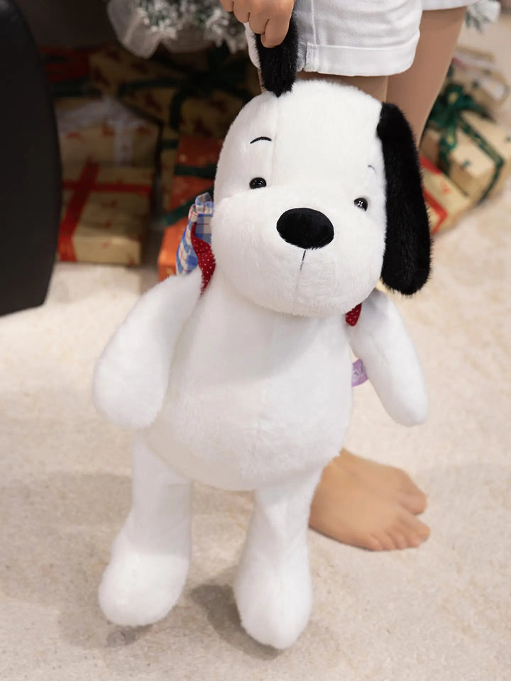 Cartoon Fluffy Puppy Dog Plush Toys Wearing Small Backpacks Cute White Dog Stuffed Animal With Small Eye Big Nose Kawaii Plushie