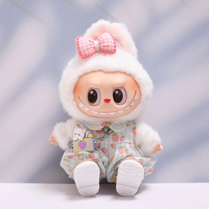 Strawberry Print Overall Set with Mini Rabbit Bag 15/17cm Plush Doll'S Clothes Labubu I II III Idol Dolls Accessories Kids Gift