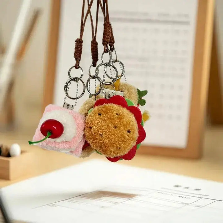 Simulation Food Plush Keychain with Hamburger, Sandwich, and Cake Designs; Adorably Cute Stuffed Doll; Perfect Bag Pendant Gift.