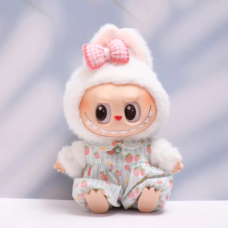 Strawberry Print Overall Set with Mini Rabbit Bag 15/17cm Plush Doll'S Clothes Labubu I II III Idol Dolls Accessories Kids Gift