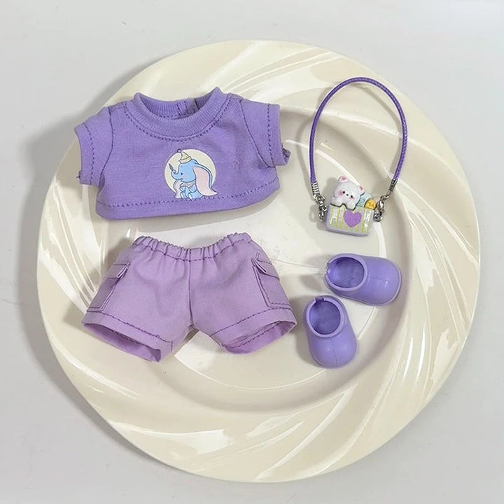 Clothes for 17cm Labubu Doll Outfits 1st/2nd/3rd Gen Fit Purple T-Shirt Cargo Pants Set with Headphones & Shoes Doll Costume