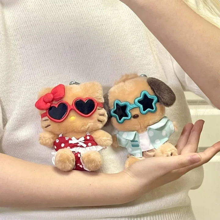 Kawaii Sanrio Black Skin Hawaiian Sunglasses Hello Kitty Cinnamoroll Plush Doll Bags Pendant Keychain Decoration Birthday Gift
