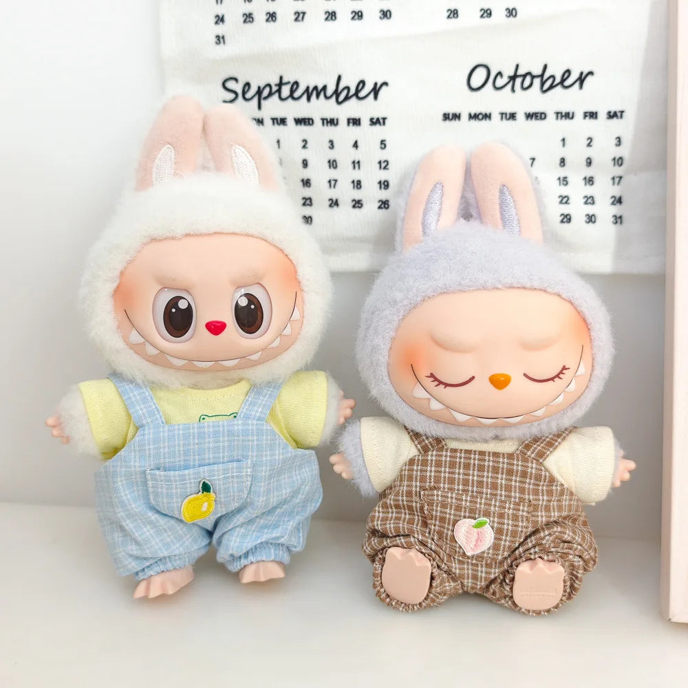 15cm/17cm Labubu Doll Clothing Sitting Party First And Second Generation Summer Straw Hat Short Sleeve Pants Set Accessories