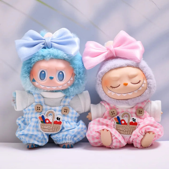Labubu Doll Clothes Blue Plaid Overalls with Bow 15/17cm Plush Doll'S Clothes Labubu I II Idol Dolls Sitting Party Accessories