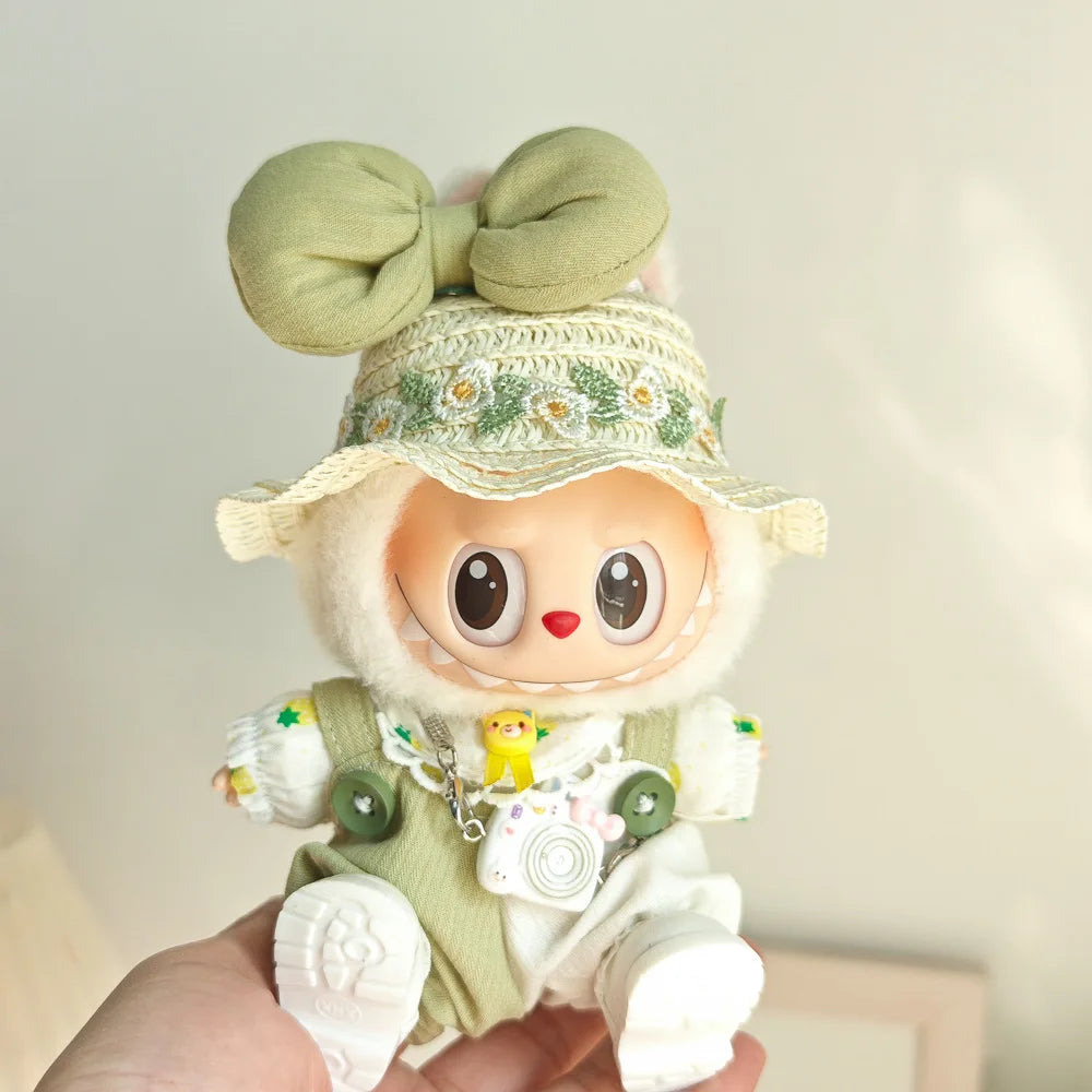 15cm/17cm Cute Mini Plush Doll Costume Dress Up Cute Sweetheart Strap Pants Accessories Straw Hat Camera Sitting Party DIY Gift