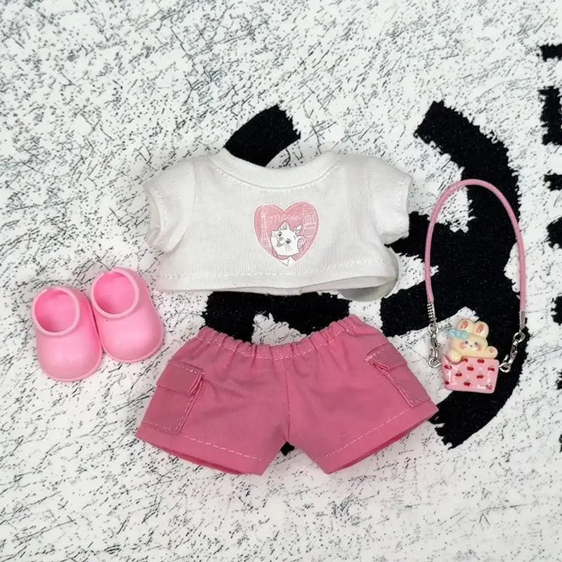 17cm Labubu 1-3 Gen Doll Outfits Cute White T-Shirt + Pink Cargo Pants + Headphones & Shoes Set Labubu Sitting Party Clothes
