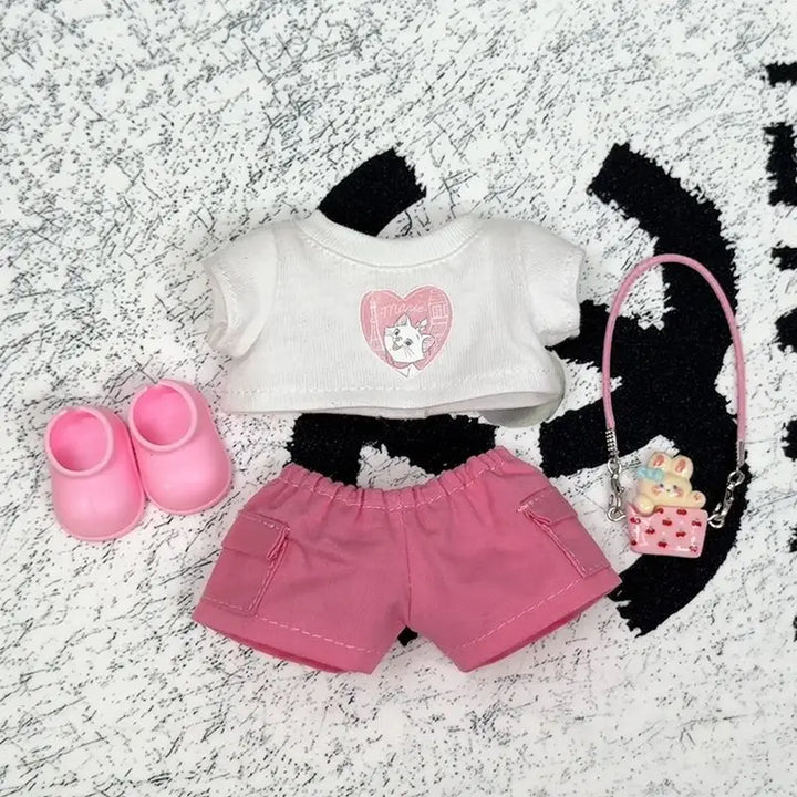 17cm Labubu 1-3 Gen Doll Outfits Cute White T-Shirt + Pink Cargo Pants + Headphones & Shoes Set Labubu Sitting Party Clothes