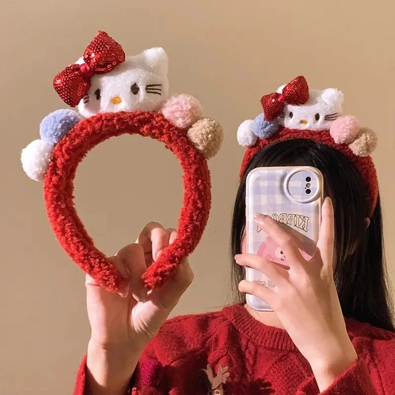 Kawaii Sanrio Hello Kitty Cartoon Sweet Lovely Red Headband Plush Creative Peripheral Headdress Girls Birthday Gift Ornament