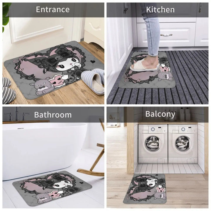 Cute Kuromi Baku Cartoon Bathroom Rugs Mat Extra Soft and Absorbent Bath Rugs Mats Carpet Non-Slip for Entrance Door Doormat