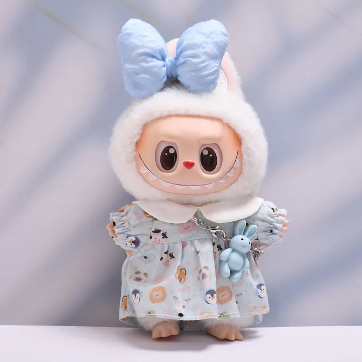 Labubu Doll Clothes Bow-Adorned Animal Print Dress Set with Rabbit Charm 17cm Plush Doll'S Clothes Labubu I II III Accessories