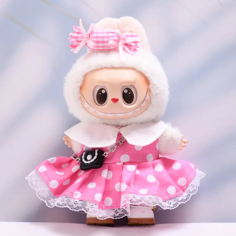 Labubu Doll Clothes Polka Dot Dress15/17cm Plush Doll'S Clothes Labubu I II Idol Dolls Sitting Party Accessories